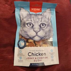 Cat And Kitten Treats: Wanpy oven roasted chicken jerky and codfish sushi 80g