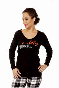 Print T Shirts: Basic Tee Long Sleeve Wildly Grateful - Black - SALE