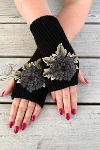 Scarves Hats: Bloom Fingerless Mittens - Black Rose