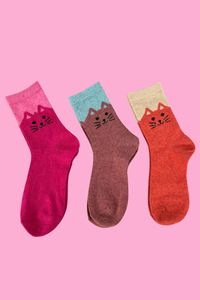 Footwear: Cosy Blend Cat Socks - Includes Wool - Candy - Multi Pack Of 3
