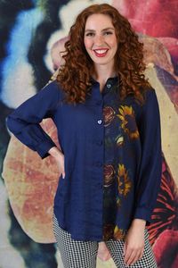 Curve Collection: Elsie Sunflower Linen Shirt - Navy | SALE