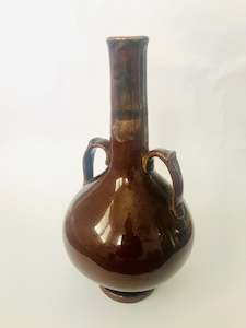 Pottery Vases: Double Handled Brown Pottery Stem Vase