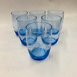 Glass Sets: Set 6 retro Midcentury blue glass tumblers