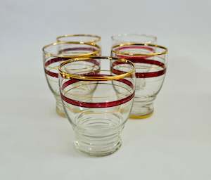 Set of Five Vintage Gold and Red Rimmed Glasses
