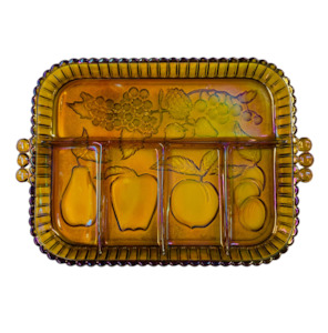 Crystal And Glass Compotes And Bowls: Iridescent marigold colour carnival glass fruit platter
