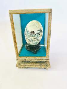 Chinese Designed Hand Painted Egg with Pagoda in a Glass Box