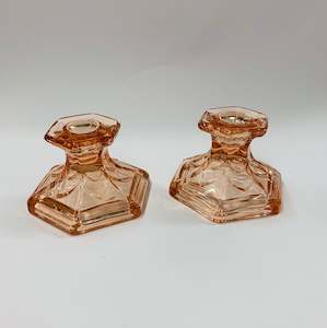 Pair of pink Depression glass candlesticks