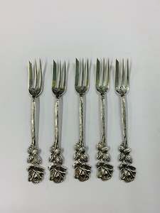 Set of 5 Silver rose handle cake forks