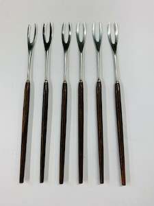 Set of 6 retro Midcentury Rostfrei Teak handled fondue forks