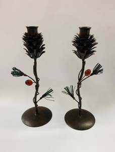 Candles: Vintage metal Xmas pine cone Candlesticks