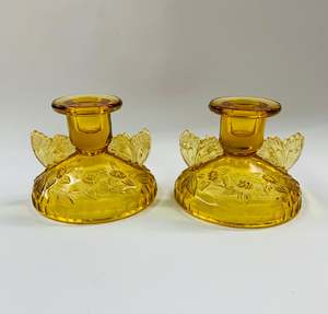 Candles: Pair of Amber Glass butterfly candlesticks