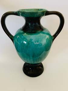 Pottery: Tall double handle blue mountain pottery vase