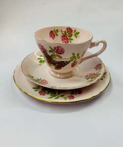 Cups And Saucers: Tuscan June Glory pink butterfly trio