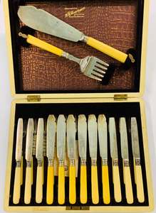 Cutlery 1: 26 piece bone handled fish set with silver cuffs