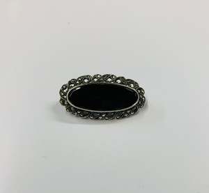 Onyx and Marcasite silver brooch