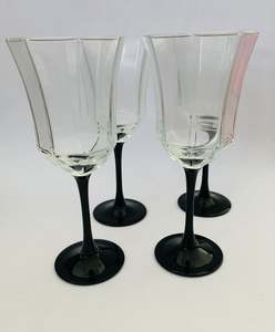 Set of Four French  Luminare Black Stemmed Octagonal Wine Glass