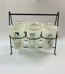 Novelty glass tumbler set in wire carry basket