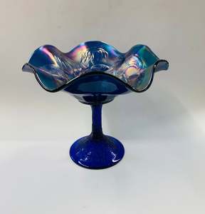 Crystal And Glass Compotes And Bowls: Rare purple/blue carnival glass compote with Peacock design