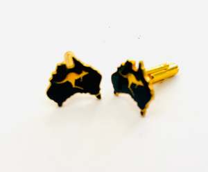 Costume Jewellery: Vintage Set of Cufflinks with the Map of Australia in Blue with Gold Kangaroo
