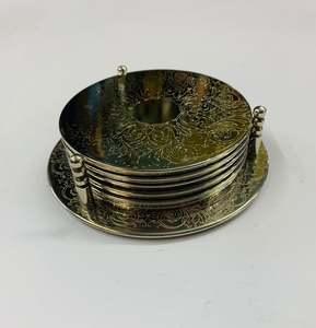 Set of 6 silver plated coasters in stand