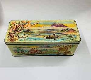 Collectable Tins: Vintage biscuit tin showing Mt Fuji Japanese scene