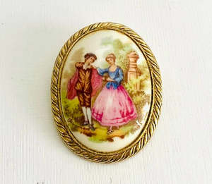 Ceramic Oval Vintage Brooch Limoges Style