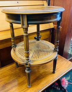 Furniture: Antique round marquetry wooden side table