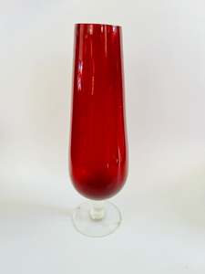 Ruby Red Narrow Vase with Clear Stem