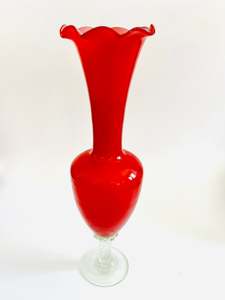 Fluted Red Vase with Twisted Clear Base