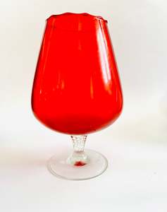 Vases: Red Brandy Balloon Style Vase with Short Clear Stem