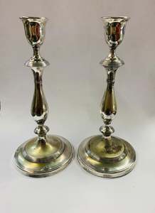 Antique Silver plated tall column candlesticks