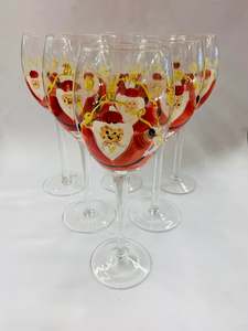 Glass Sets: Set of 6 tall hand painted Santa wine glasses