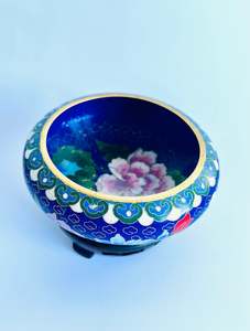 Oriental Antiques: Cloisonné Blue Bowl with Wooden Stand