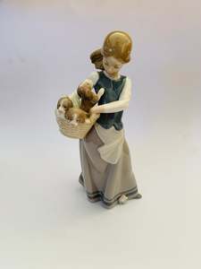 Figurines And Ornaments: Lladro girl holding a basket of puppies