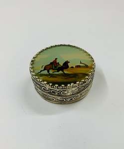 Silver Plate: Silver plated pill box with camel scene on the lid