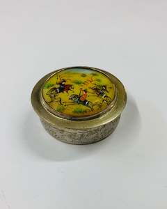 Silver plated pill box with Mongolian fighting scene on the lid