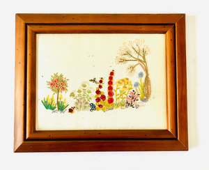 Framed Embroidery of a Garden in Bloom
