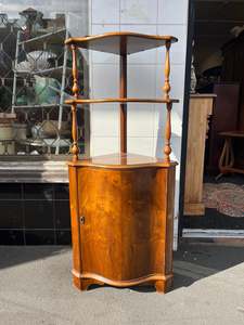 Furniture: Corner Flame Mahogany Shelving Cabinet