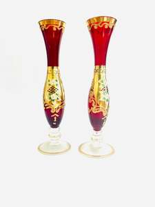 Pair of Bohemia Red Glass Vases with Hand Painted Gold Swirls