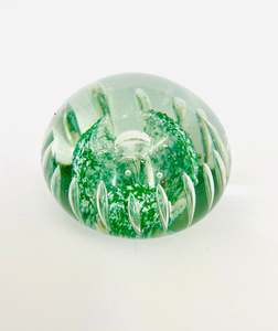 Clear Paperweight Green and White Surrounded by Bubbles
