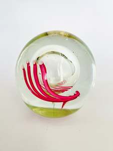 Clear Paperweight with Large Bubble and Handlike Pink Swirl Holding an Orb