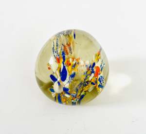 Glass And Crystal: Yellow Paperweight with Blue Orange and White Design