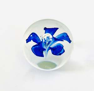 Glass And Crystal: Floating Blue Flower Paperweight with Bubble Center