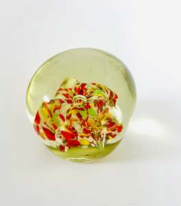 Glass And Crystal: Clear Cloudy Paperweight with Red Yellow and Green Swirls