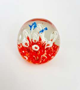 Glass And Crystal: Small Paperweight with Two Blue Fish Swimming over a Red Coral and Clear Bubbles
