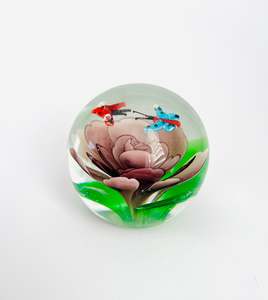 Glass And Crystal: Clear Paperweight with a Purple Rose on the Base and Two Butterfly’s