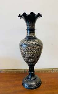 Large vintage brass vase with black detail