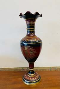 Large vintage brass vase with red details
