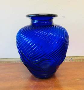 Vases: Cobalt blue tulip design ribbed glass vase