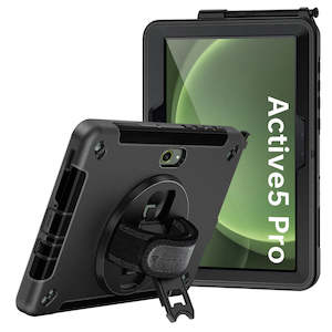 Samsung Galaxy Tab Active Series: RIN-SS-X350 | Samsung Galaxy Tab Active5 Pro SM-X350 SM-X356 / Active4 Pro SM-T630 T636 DM-638U / Active Pro SM-T545 T547 | Rainproof military grade rugged case with hand strap and kick-stand